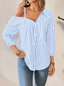 SHEIN Essnce Women's Casual Asymmetrical Shoulder Striped Blouse, Spring Summer