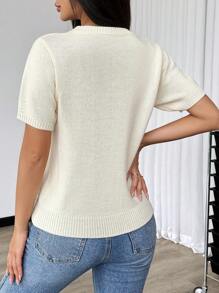 Chiquease Blusa de punto de cuello redondo de manga corta de unicolor con adorno de perlas falsas en forma de corazón, casual para uso diario - Albaricoque - Ver 2