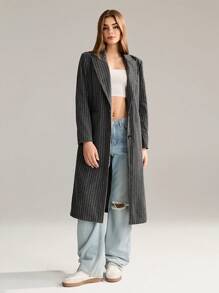 SHEIN Unity 1pc Women Black Striped Lapel Long Coat For Casual Wear & Office, Simple Design, Autumn/Winter Fall Cloth For Women - Black - View 5