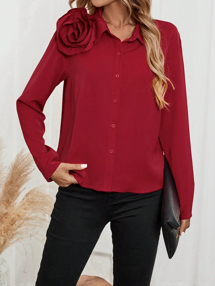 Women's Casual 3D Floral Long Sleeve Blouse, Spring & Autumn Button Down Blouse Fall Women Shirts Work Women Blouses