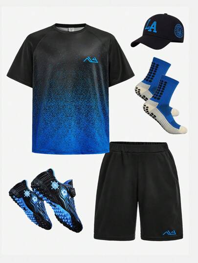 SHEIN Leap Crew 2pcs/Set Tween Boys Casual Tie Dye Tie-Dye Printed Sports Short Sleeve T-Shirt And Shorts Set