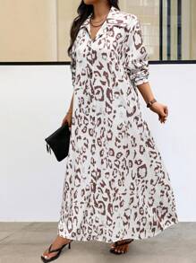 EMERY ROSE 随机印花加大码全印花正面纽扣休闲长袖连衣裙超长款女装