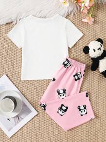 SHEIN 少女可愛熊圖案短袖上衣和直筒長褲針織阻燃舒適休閒睡衣套裝（2件）