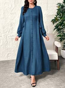 Al Najma Váy Maxi Ả Rập tay đèn lồng màu trơn giản dị mùa xuân & mùa hè dài vừa phải, tay dài, phong cách thanh lịch, thích hợp mặc hàng ngày/đi làm/ngày lễ/tiệc tối/khách dự tiệc cưới - Màu xanh lam - Xem 4