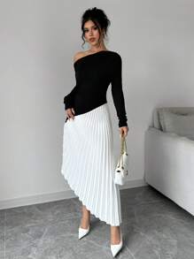 Selianne Elegantes Farbblock Kleid mit Rüschenbesatz am Saum, asymmetrisch, Maxikleid für Frühling/Herbst - Schwarz - Übersicht 4