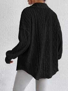 SHEIN Essnce 优雅女士超大落肩宽松休闲衬衫 - 黑色 - 查看 2