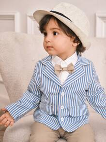 Souflis Souflis 3pcs/Set Baby Boys Striped Suit Jacket, Long Sleeve Shirt And Khaki Pants Outfit With Bow Tie, Gentleman Style, Suitable For Spring/Autumn Occasions, Parties, Photos, Travels, Vacations, Back To School Warmth - Multicolor - View 4