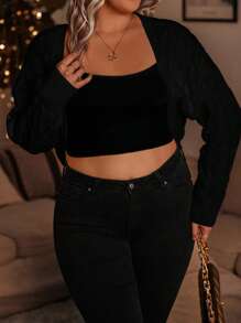 SHEIN LUNE Plus Size Solid Color Casual Long Sleeve Knit Cardigan, For Winter Fall Cloth For Women - Black - View 5