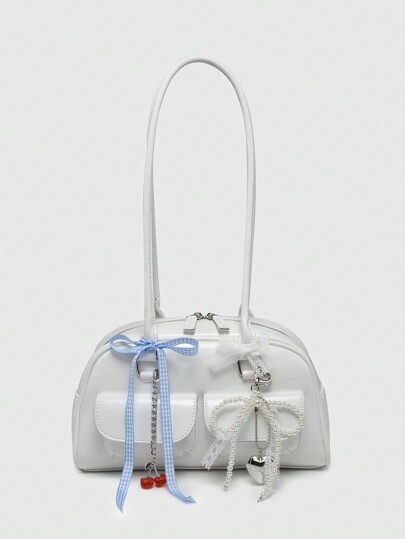 Bolso de hombro de estilo vintage y lindo con lazo, decoración de cerezas y corazones, múltiples bolsillos, bolso de Boston, escolar, elementos Kawaii de cerezas