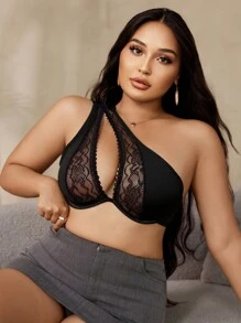 Snug Zone Plus Size Solid Color Contrast Lace Hollow Out Wireless Bra Lingerie - Black - View 5