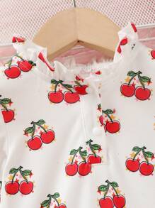 SHEIN 2pcs/Set Baby Girl Cute Digital Cherry Print Ruffled Collar Jumpsuit And Solid Color Fleece Vest Homewear Set - Multicolor - View 7