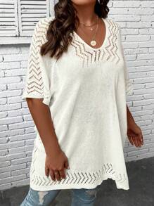SHEIN Swim Curve Baju Penutup Kasual Musim Panas Ukuran Besar Warna Polos Lengan Kelelawar Berongga - Aprikot - View 4
