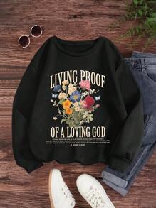 INAWLY Áo thun dài tay in hoa & chữ thường ngày - màu đen - Xem 1