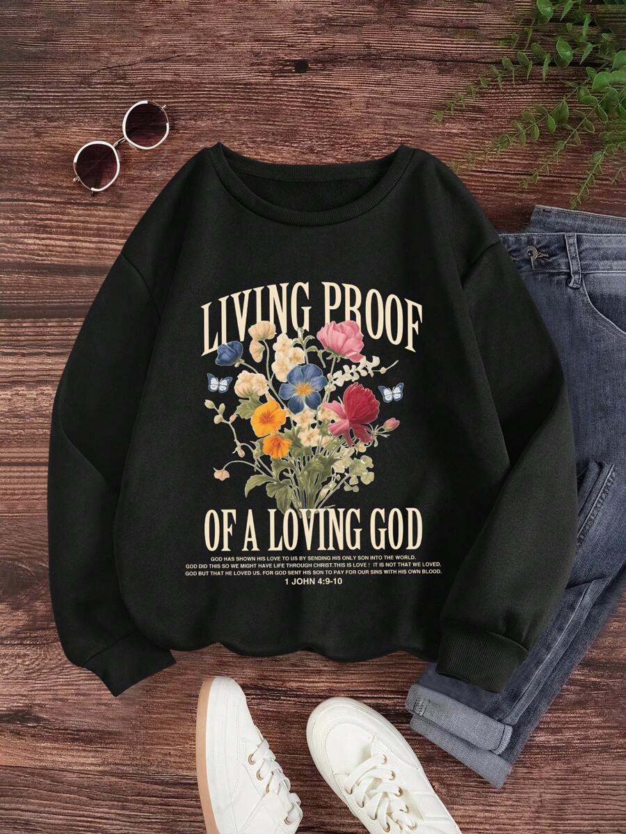 INAWLY Áo thun dài tay in hoa & chữ thường ngày - màu đen - Xem 1