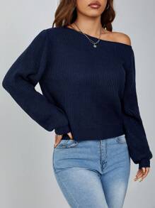 SHEIN PETITE Pullover Slanted Shoulder Ribbed Women's Sweater,Long Sleeve Tops