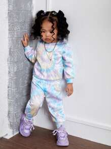 SHEIN Leap Crew NovaGlow 女婴两件套可爱扎染印花长袖卫衣和松紧腰裤套装，加厚抓绒，秋冬款 - 彩色 - 查看 1