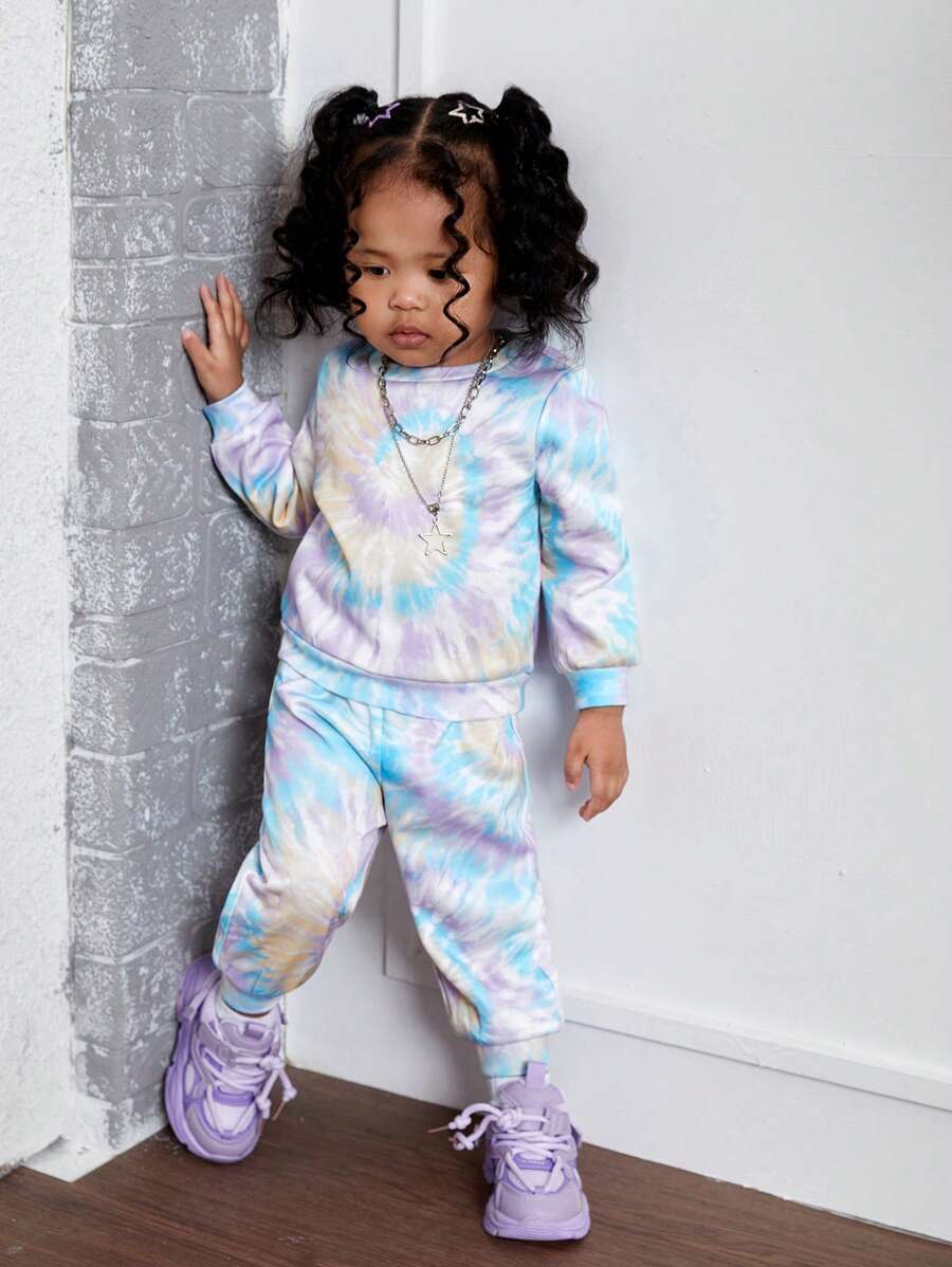 SHEIN Leap Crew NovaGlow 女婴两件套可爱扎染印花长袖卫衣和松紧腰裤套装，加厚抓绒，秋冬款 - 彩色 - 查看 1