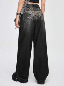 ROMWE Grunge Punk Quần Jeans ống rộng rộng rãi họa tiết thêu đầu lâu Punk Grunge dành cho nữ - màu đen - Xem 3