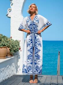 SHEIN VCAY 女士夏季海灘假期時尚長款和服，印花設計