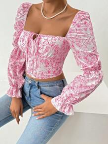Chiquease Áo sơ mi crop top tay phồng in hoa thông thường dành cho nữ, Xuân Hè - Hồng - Xem 6
