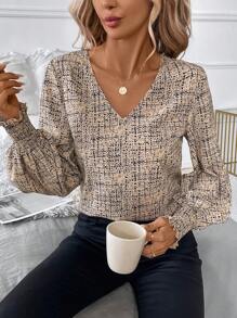 SHEIN Clasi Blusa recta holgada de manga larga con cuello en V, con estampado floral menudo color albaricoque, elegante y cómoda, apta para uso diario y para ir al trabajo - Multicolor - Ver 6