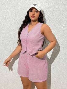 CovetEZ Áo vest blazer sọc và quần short Plus Size dành cho nữ - Hồng - Xem 5