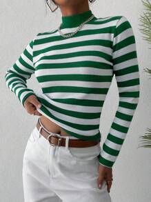 EURMUSE Striped Print Mock Neck Tee - Green - View 4