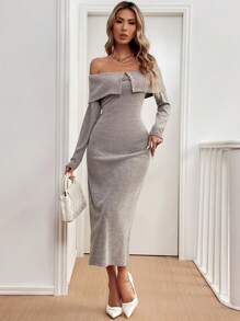 Chiquease Autumn/Winter  Camel Elegant Casual Fitted Off-Shoulder Long Sleeve Dress - Camel - View 6