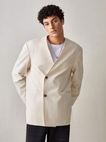 Manfinity VCAY Chaqueta de traje ajustada de doble botonadura sin cuello de color liso de moda casual para hombre