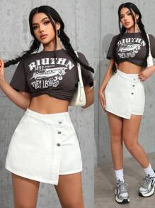 SHEIN ICON Solid Color Front Button Denim Casual Shorts, For Daily Wear Y2k - Beige - View 2