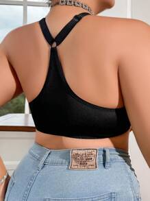 1 pieza Sujetador con ganchos delanteros y encaje combinado, talla grande, color negro