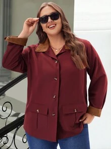 EMERY ROSE Plus Size Women Red Front Button Splice Long Sleeve Trench Coat,Fall Clothes - Red - View 5