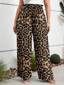 SHEIN LUNE Plus Size Women's Ruffle Trim Front Tie Leopard Print Pocket Casual Pants