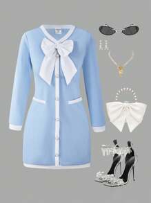 1 件 Tween Girl 休闲长袖连衣裙，带可拆卸蝴蝶结装饰，秋季