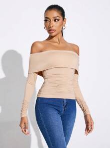 SHEIN SXY Damenkleidung, einfarbig, schulterfrei, gerüscht, langärmelig, T-Shirts, Ausgehoberteil für den Herbst - Khaki - Übersicht 6