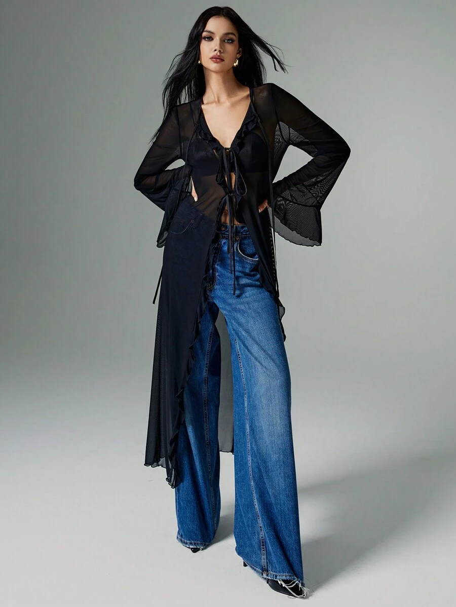 Poéselle 女式纯色 Y2K 荷叶边网眼喇叭袖前系带长款时尚衬衫