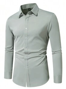 Manfinity Mode Men's Solid Color Long Sleeve Casual Shirt, Spring And Autumn - Light Grey - View 3