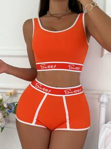 Snug Zone 2pcs Women Crew Neck Fitted Top And Letter Print Shorts Underwear Set - Orange - View 4