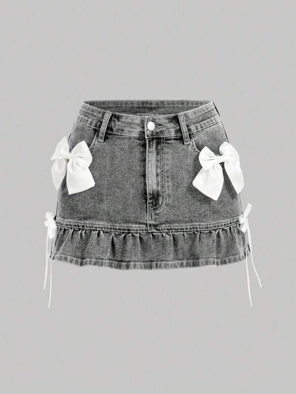 SHEIN MOD Women's Denim Skirt With Bow Decor, Contrast Color Ruffle Hem And Pockets