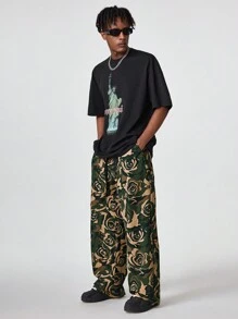 Manfinity RebelGame 男式数码印花宽松直筒梭织长裤 - 軍綠色 - 查看 5