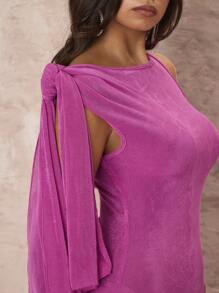 Glamine Asymmetrical Hem Shoulder Tie Ruched Midi Dress - Hot Pink - View 3