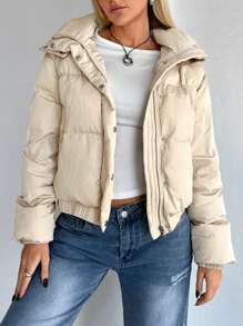 SHEIN EZwear Áo khoác thường ngày dài tay có khóa kéo màu trơn - Màu be - Xem 3