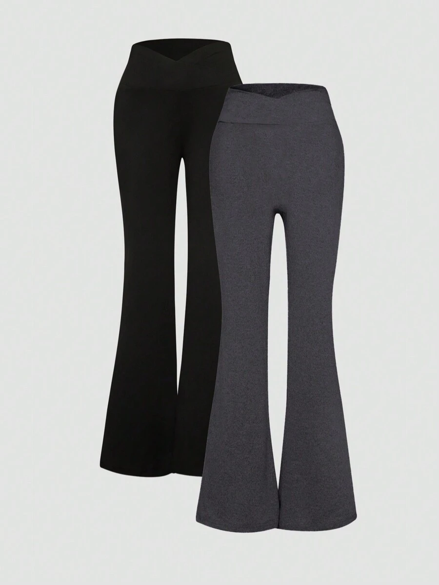 SHEIN EZwear 2pcs Women Cross Waist Design Skinny Flare Pants Set, Black & Grey, Spring/Summer/Autumn Women's Sportswear - Multicolor - View 1