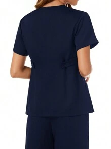 TaskEZ 2pcs Solid V-Neck Pocket Scrubs Top And Pants  Uniform Set - Navy Blue - View 7