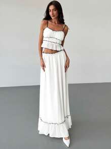 Aloruh 2pcs Women Romantic Date & Vacation Contrasting Texture Multi-Layered Contrasting Trim Camisole + Contrasting Trim Ruffle Skirt Set - White - View 3