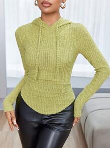 SHEIN Essnce 女士连帽长袖修身迷人优雅 T 恤、女士连帽衫、保暖、绿色女装、基本款连帽衫、纯色 T 恤、修身 T 恤、秋装、秋季女士 - 青檸色 - 查看 3