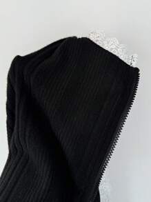 Chiquease Chaqueta con cremallera de manga abullonada, parches de encaje, para mujer primavera y otoño - Negro - Ver 3