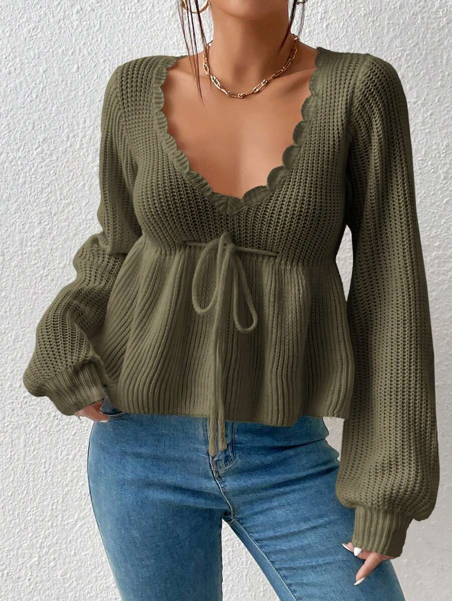 Firerie Áo len dài tay thường ngày cổ chữ V sâu màu trơn, tay dài, dáng rộng, thích hợp mặc vào mùa thu/đông - xanh quân đội - Xem 1