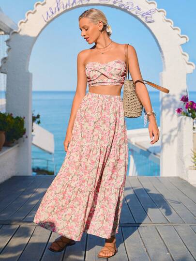 Vivid Eden Woven Printed Crop Top & High Waisted Skirt Set For Women, Vacation Style