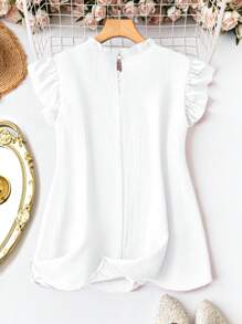 DreamSkyne Plus Size Summer Casual Solid Color Cap Sleeve Shirt - White - View 2
